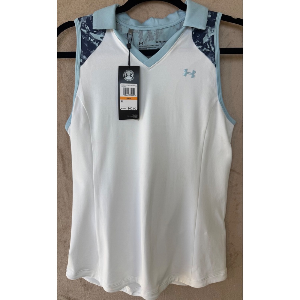 Under Armour Womens Zinger Sleeveless Golf Polo White Blue Marble 1350160 Small